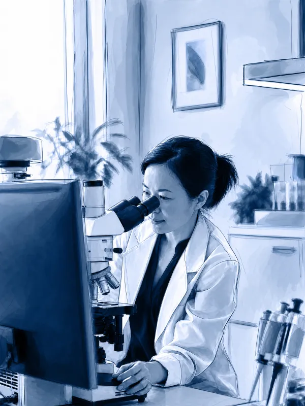 Chercheuse au microscope au laboratoire Ziwig Lab